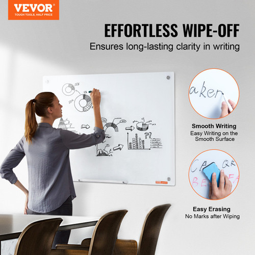 VEVOR Magnetic Glass Whiteboard, Dry Erase Board 36"x24", Wall-Mounted Large White Glassboard Frameless, with Marker Tray, an Eraser and 2 Markers, White