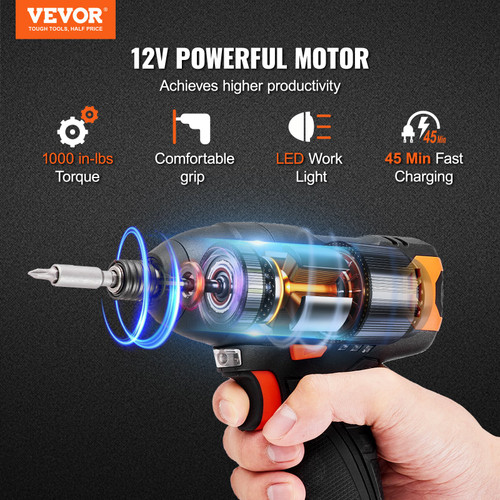 VEVOR Cordless Impact Driver, 12V 7Nm 1000in-lbs High Torque, Electric Impact Driver Set with LED Light, Battery, Charger, Magnetic Connector, Bits, and Tool Bag, for Screw Fastening and Loosening