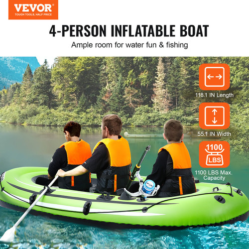 VEVOR Inflatable Boat, 4-Person Inflatable Fishing Boat, Strong PVC Portable Boat Raft Kayak, 45.6" Aluminum Oars, High-Output Pump, Fishing Rod Holders, and 2 Seats, 1100 lb Capacity for Adults, Kids