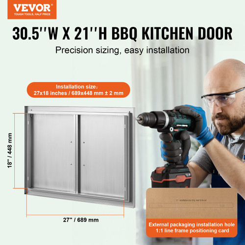 VEVOR BBQ Access Door, 30W x 21H Inch Double Outdoor Kitchen Door, Stainless Steel Flush Mount Door, Wall Vertical Door with Handles, for BBQ Island, Grilling Station, Outside Cabinet