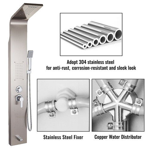 VEVOR 5 in1 Panel Tower System Stainless Steel Multi-Function Rainfall Waterfall Massage Jets Tub Spout Hand Shower for Home Hotel Resort, Unitary, Brushed Silver