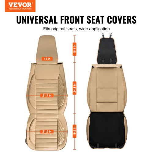 VEVOR Seat Covers, Universal Car Seat Covers Front Seats, 2pcs Faux Leather Seat Cover, Semi-enclosed Design, Detachable Headrest and Airbag Compatible, for Most Cars SUVs and Trucks Beige