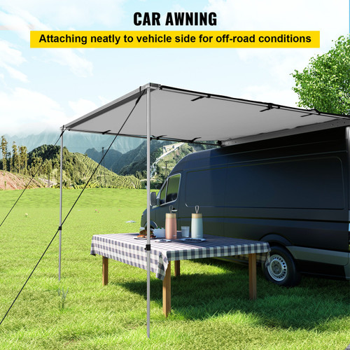 VEVOR Car Side Awning, 7.6'x8.2', Pull-Out Retractable Vehicle Awning Waterproof UV50+, Telescoping Poles Trailer Sunshade Rooftop Tent w/ Carry Bag for Jeep/SUV/Truck/Van Outdoor Camping Travel, Grey