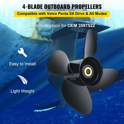 VEVOR Outboard Propeller, Replace for OEM 3587522, 4-Blade 14 1/4" x 19" Pitch Aluminium Boat Propeller, Compatible with Volvo Penta SX Drive All Models, with 19 Tooth Splines, RH