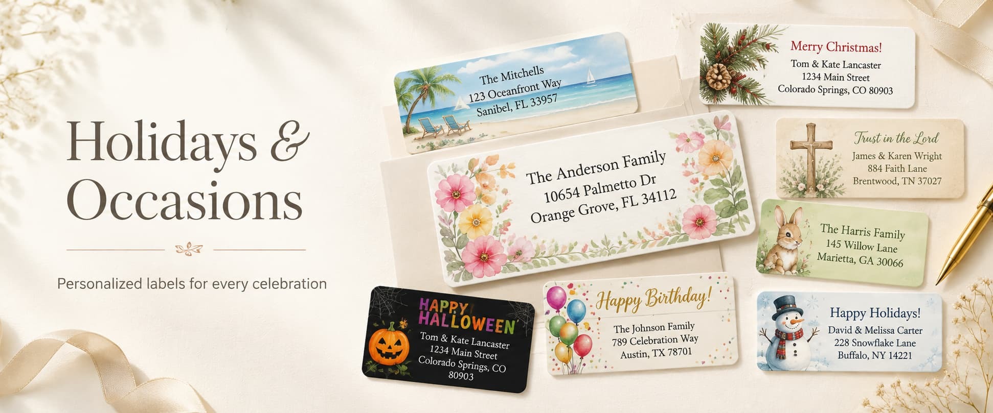 Personalized holiday address labels and occasion address labels