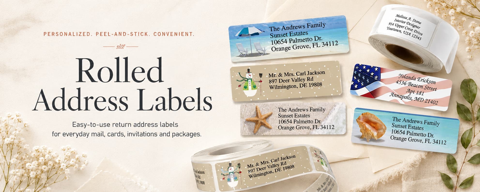 Personalized rolled address labels and address labels on rolls