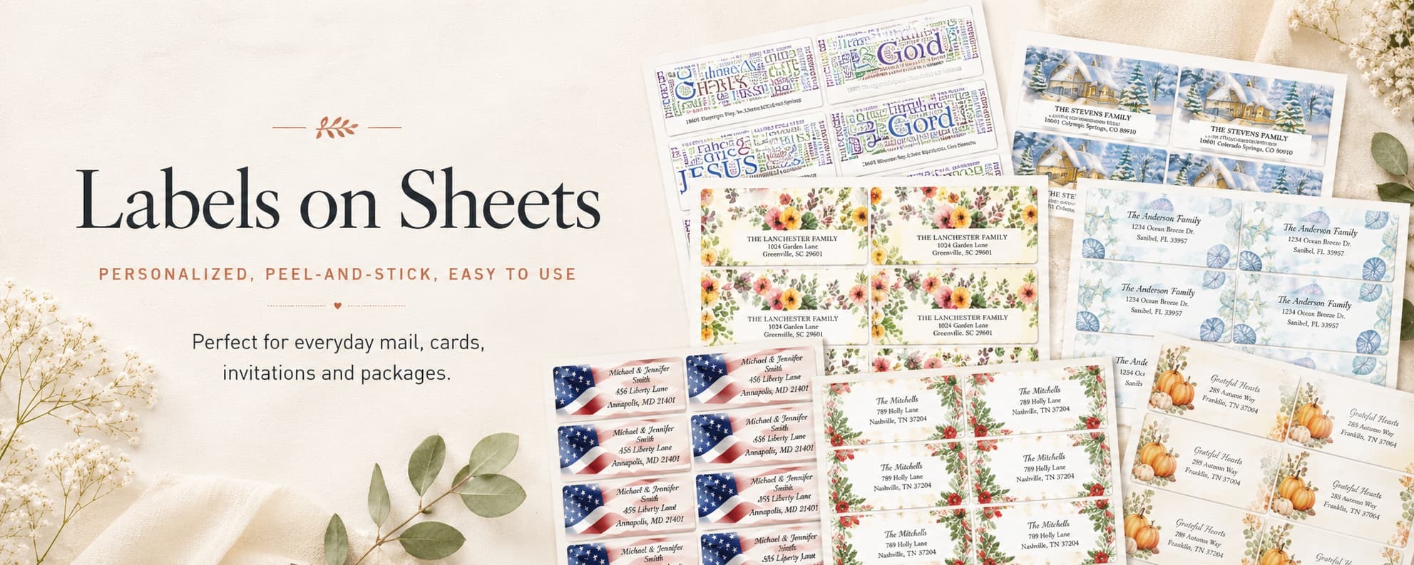 Personalized sheet address labels and return address labels on sheets