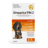 Simparica TRIO Chews for Dogs 5.1-10 kg - Orange packaging for flea, tick, and heartworm prevention.