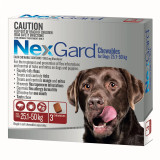 NexGard for Dogs 25.1-50kg - Red, chewable treatment for fleas and ticks, effective for one month.