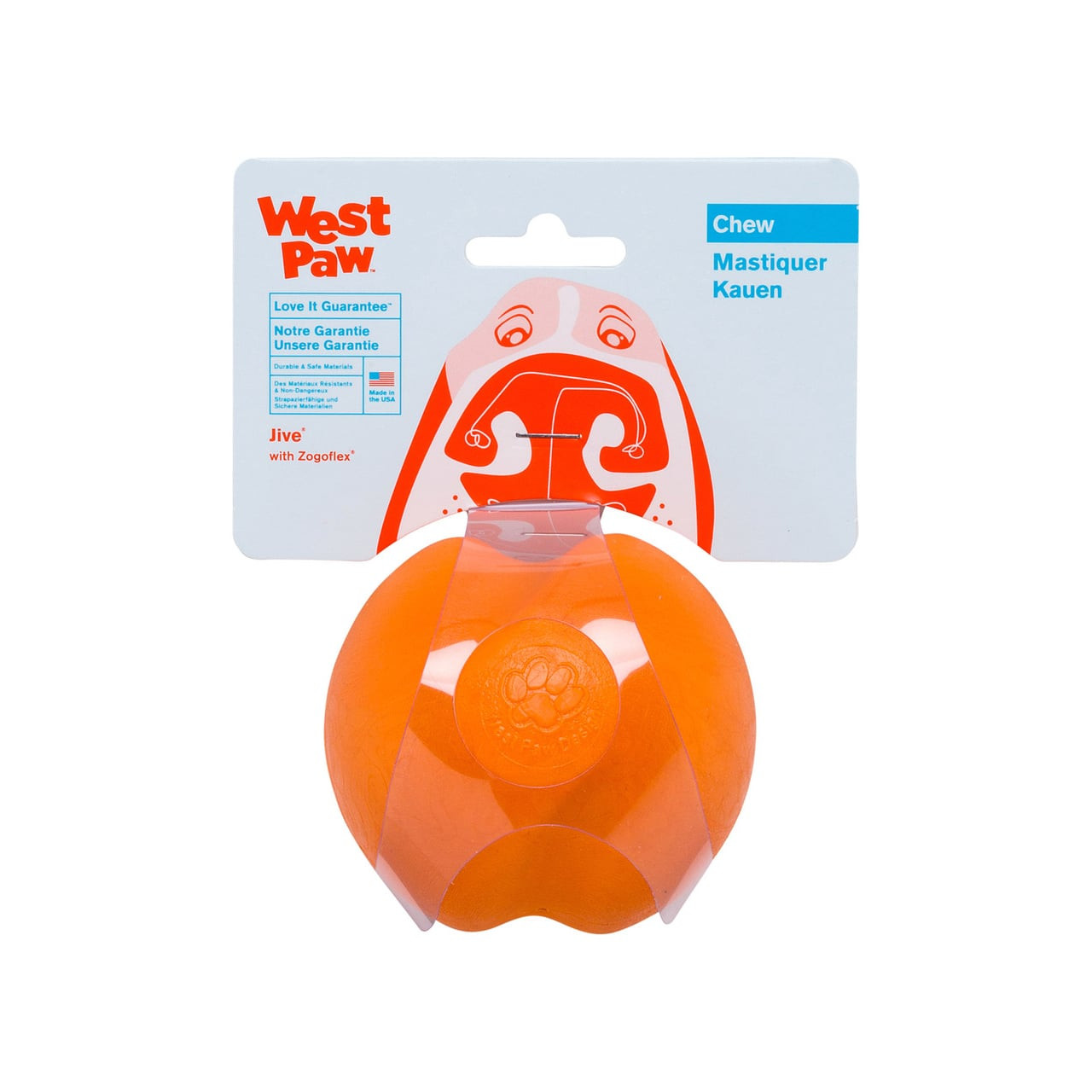 West Paw Jive Zogoflex Tough Fetch Ball in orange, large size, ideal for durable playtime with pets.
