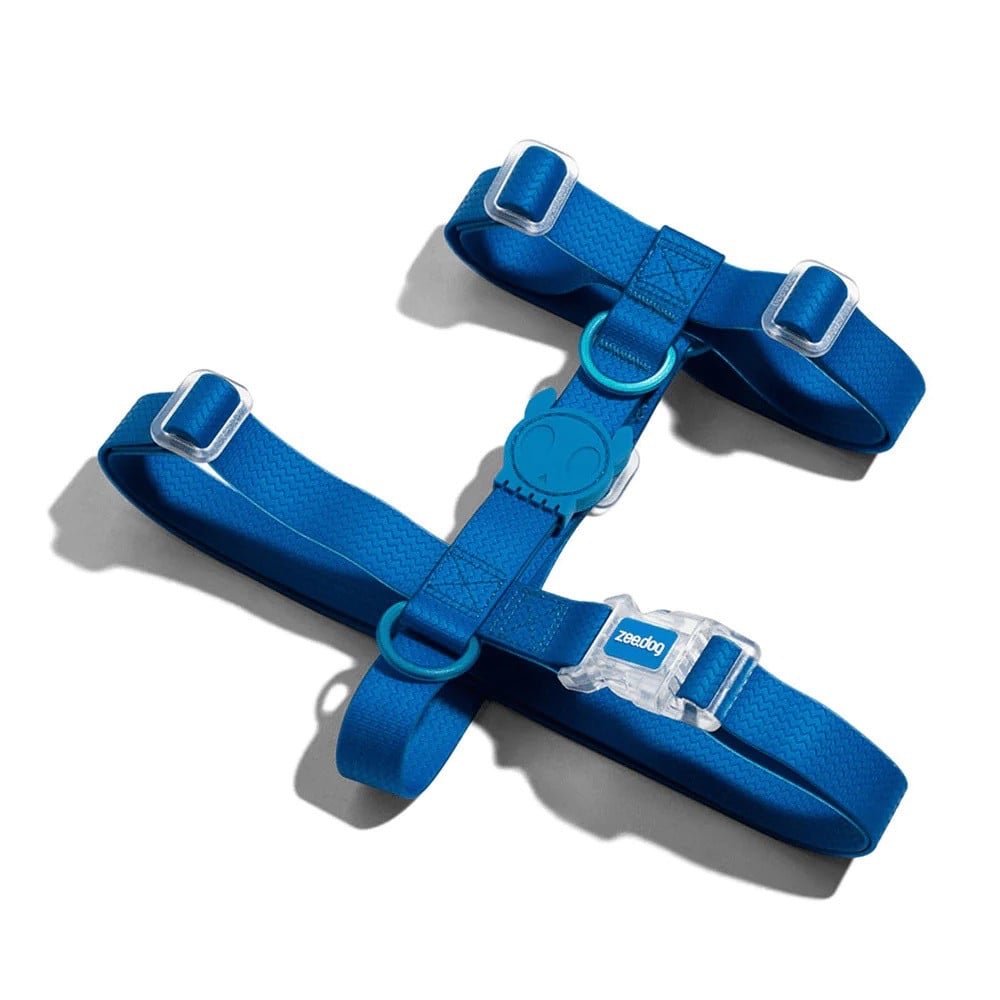 Side angled view of Zee.Dog Neopro Blue H-Harness