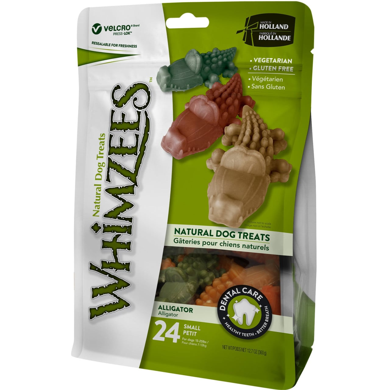 Whimzees Alligator Dog Dental Treats pack, vegetarian and gluten-free, promoting dental health for dogs.