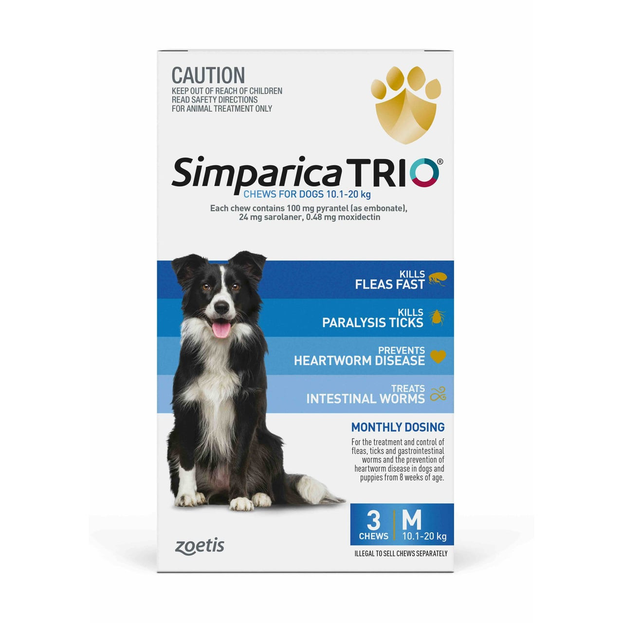 Simparica TRIO Chews for Dogs 10.1-20 kg, blue box for flea and tick prevention, heartworm and intestinal worm treatment.