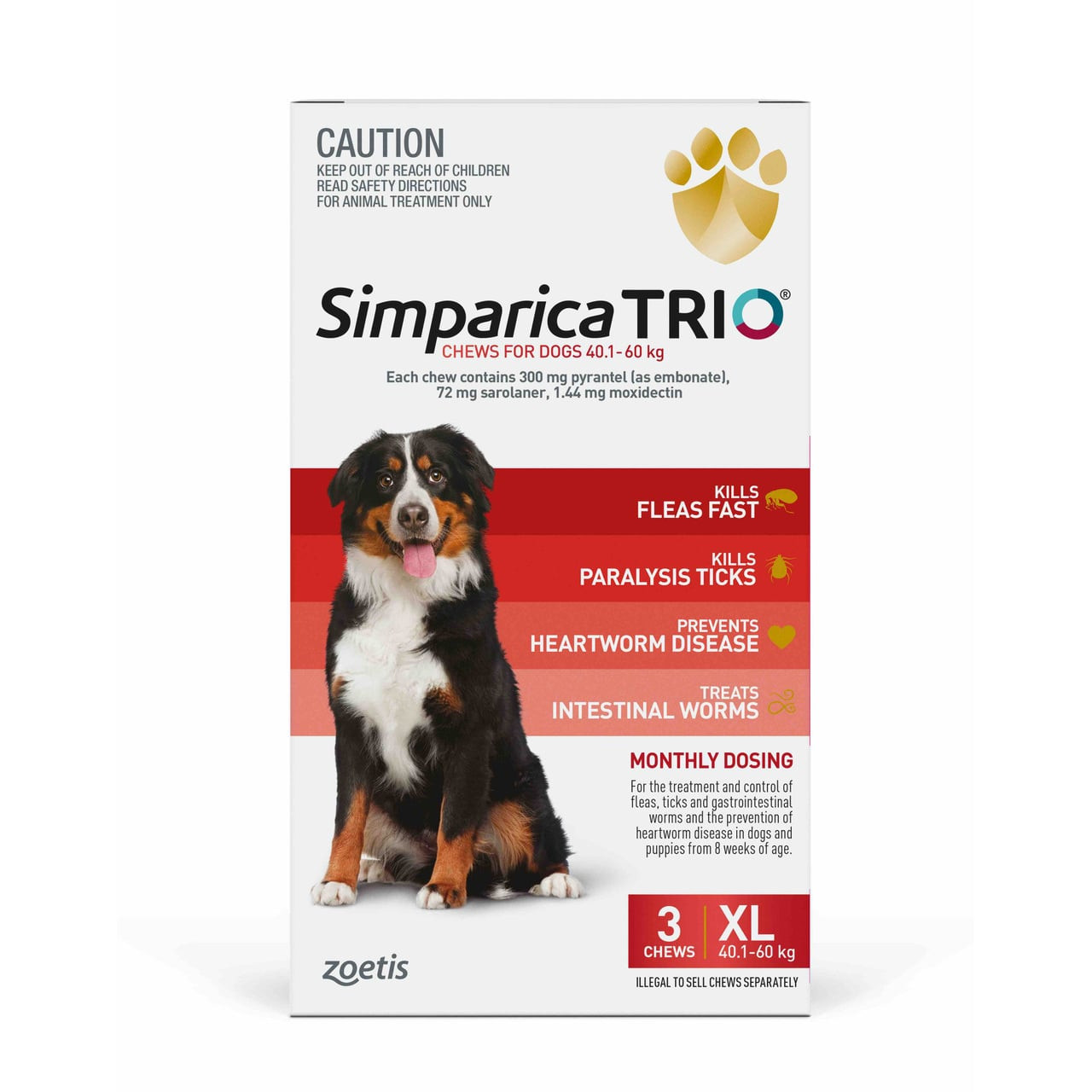 Simparica TRIO Chews for dogs 40.1-60 kg - Red, protects against fleas, ticks, and heartworm. Monthly dosing, 3 chews.