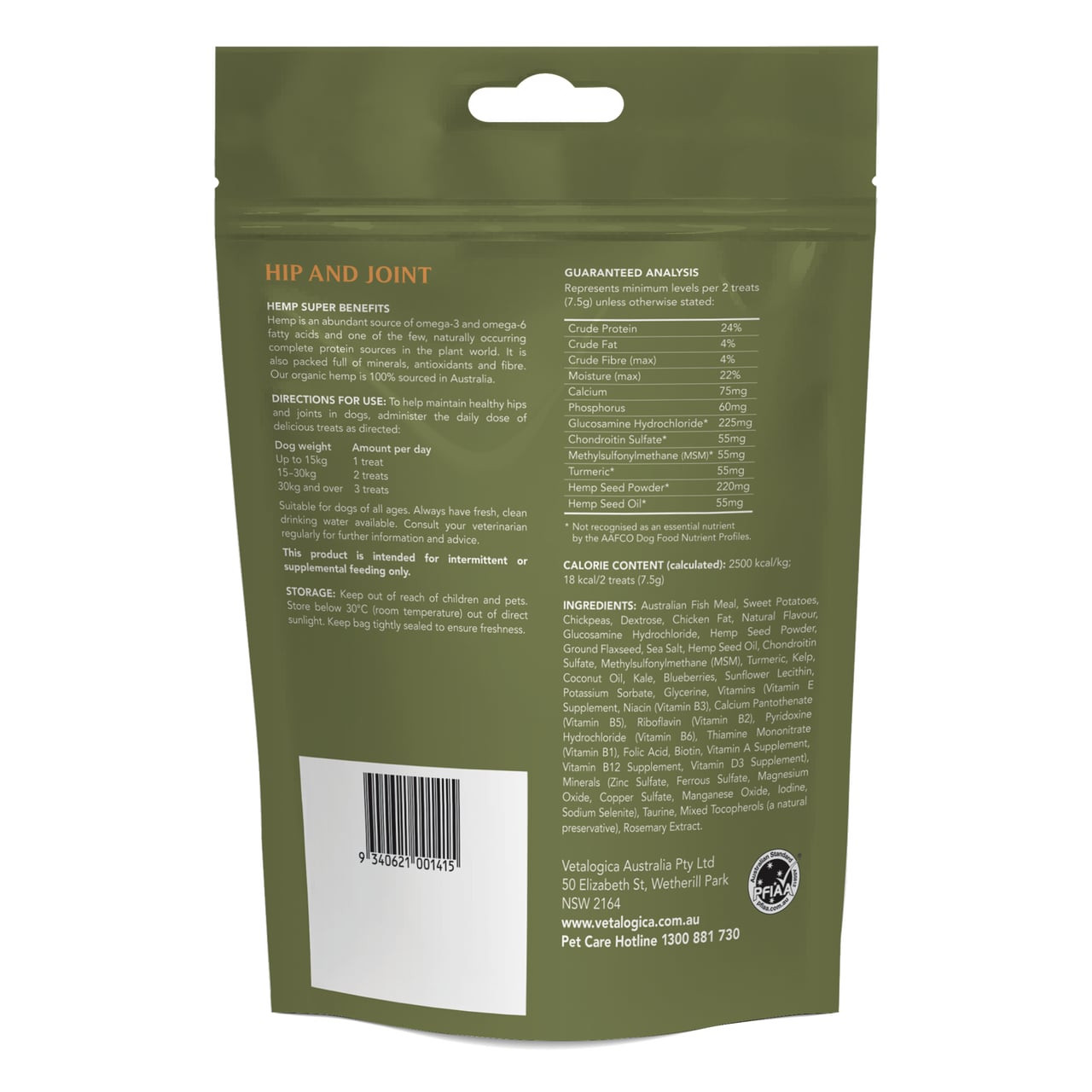 Vetalogica Hemp Clinicals Hip & Joint Treats for Dogs, 225g pack, promoting joint health with natural hemp benefits.