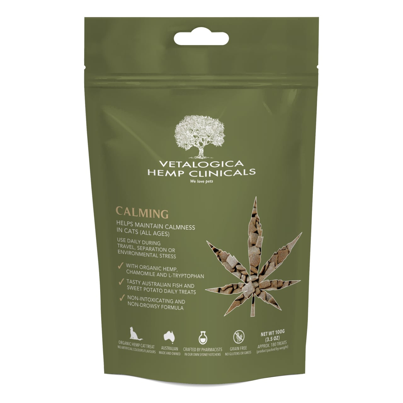 Vetalogica Hemp Clinicals Calming Treats for Cats 100g – promotes calmness and reduces stress in cats of all ages.
