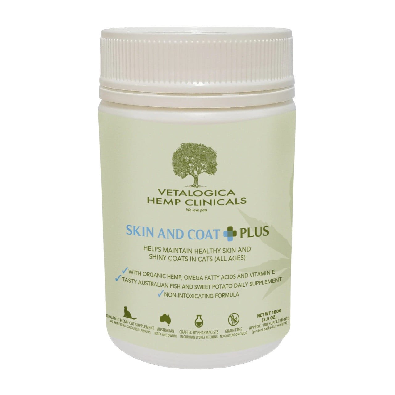 Vetalogica Hemp Clinicals Skin & Coat Plus Supplements for Cats, 100g tub for healthy skin and shiny coats.