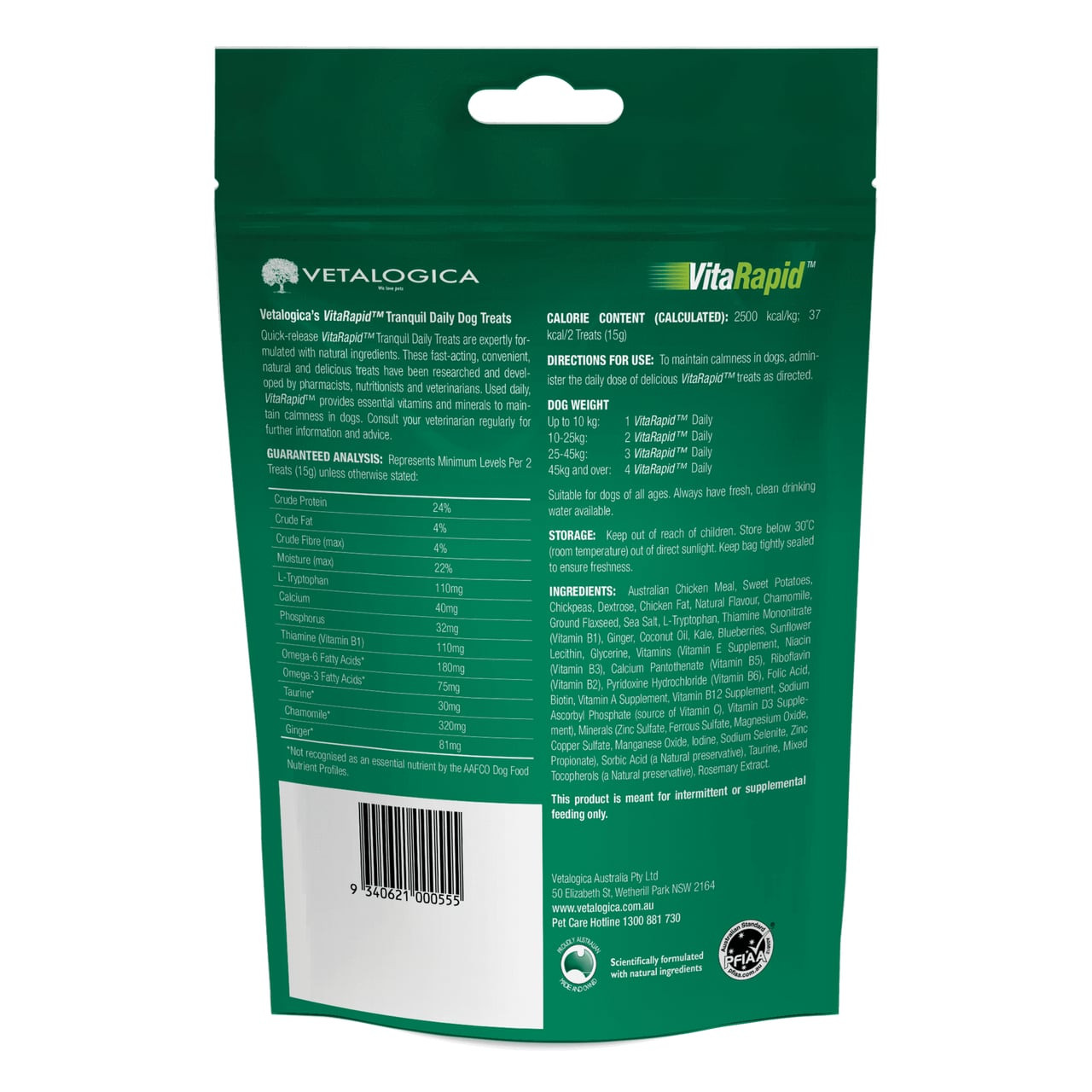 Vetalogica VitaRapid Tranquil Daily Treats for Dogs 210g, calming formula for anxious pets.
