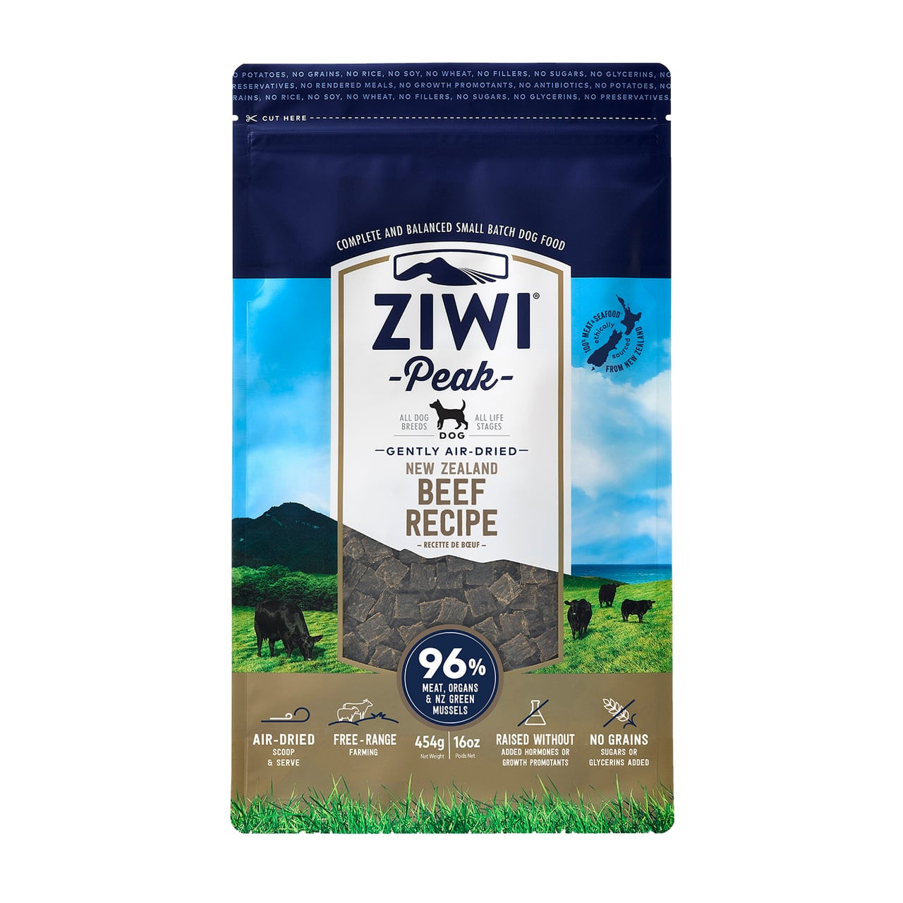 Ziwi Peak Beef Air-Dried Dog Food 454g - Nutrient-rich, grain-free, New Zealand beef recipe for dogs.