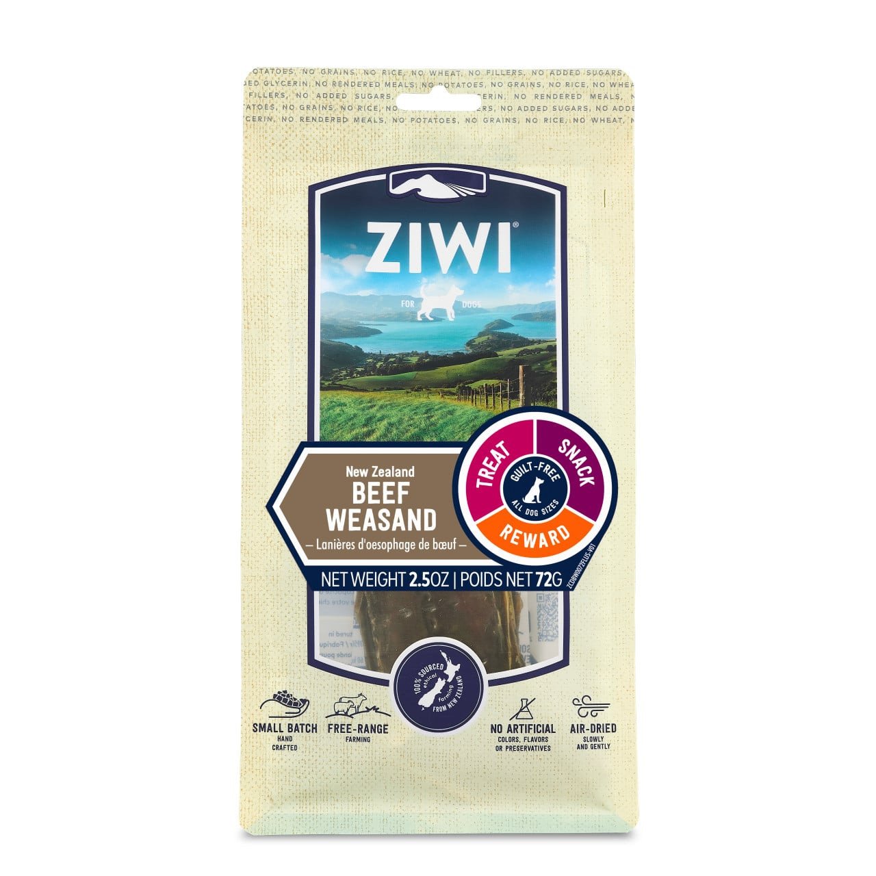 Ziwi Peak Beef Weasand Oral Health Chews 72g for dogs, natural dental treat, promotes oral care and fresh breath.