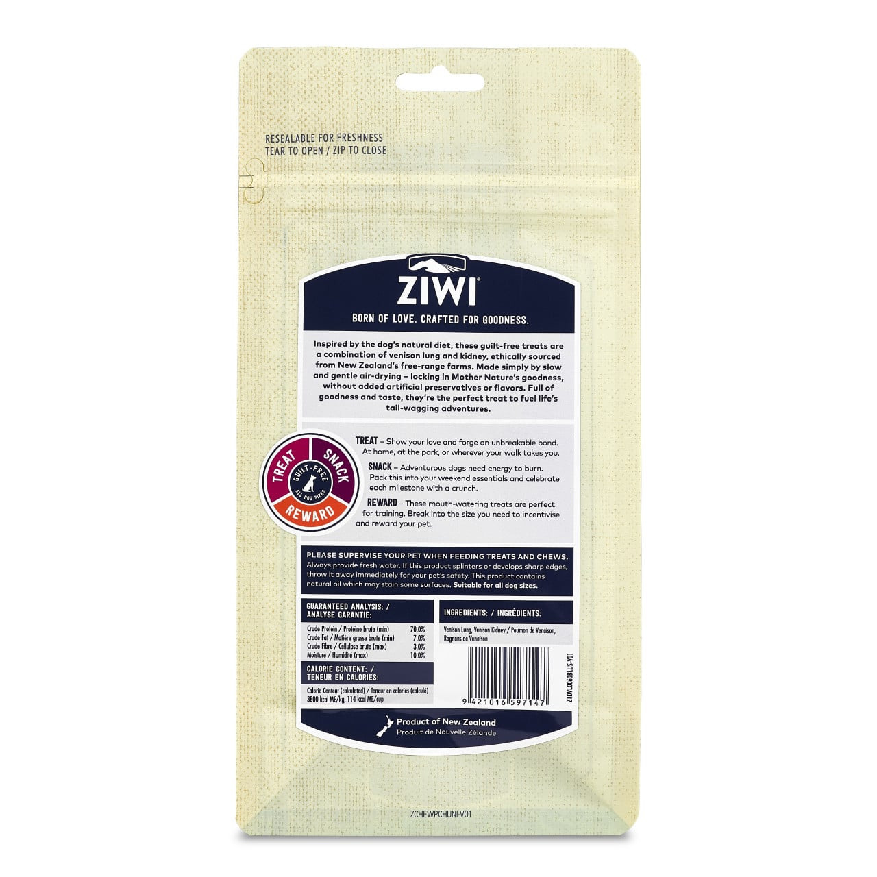 Ziwi Peak Venison Lung & Kidney Chews 60g for pet oral health and natural nutrition. Healthy treat for dogs and cats.
