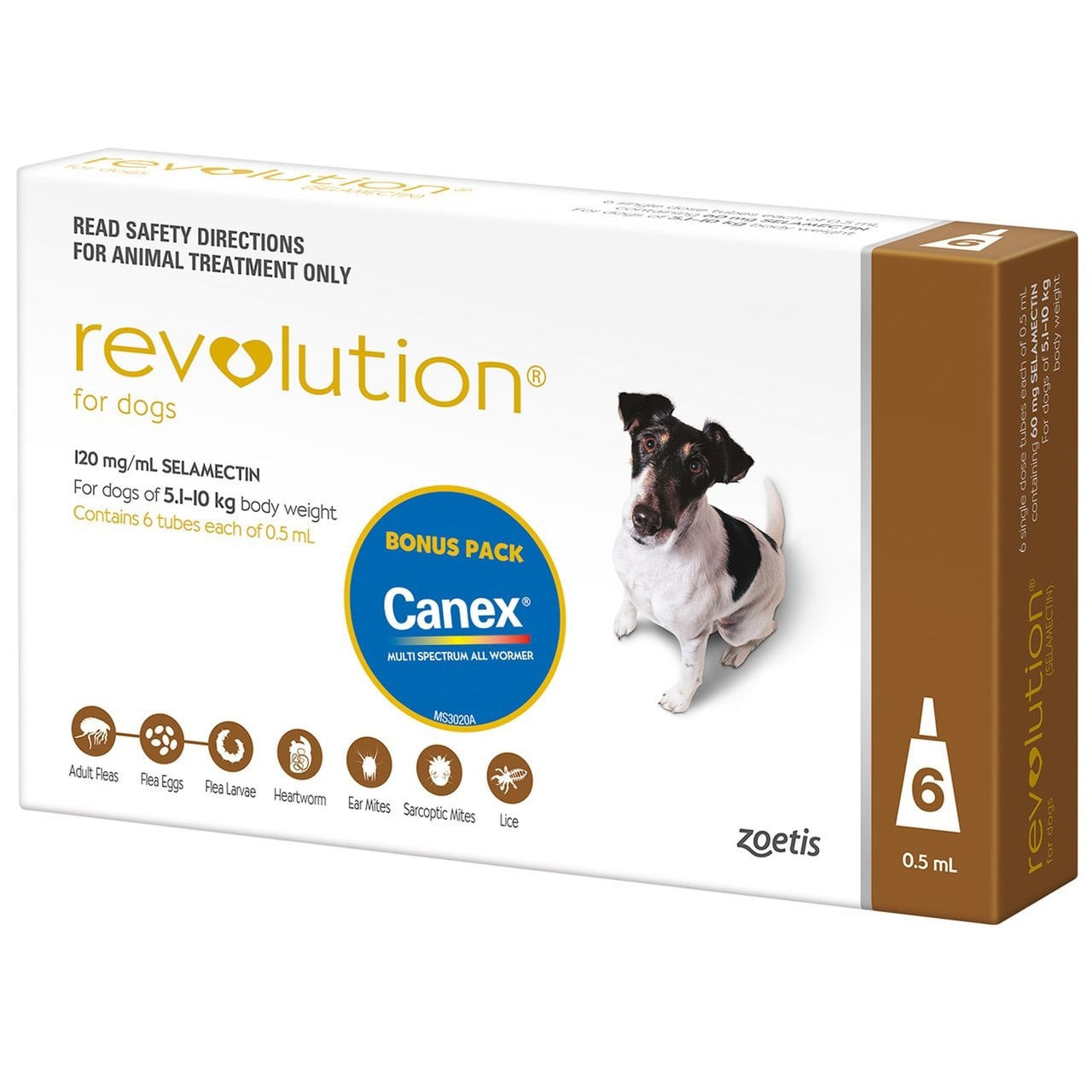 Revolution for Dogs 5.1-10 kg - Brown, multi-spectrum treatment pack with 6 tubes for parasite protection.