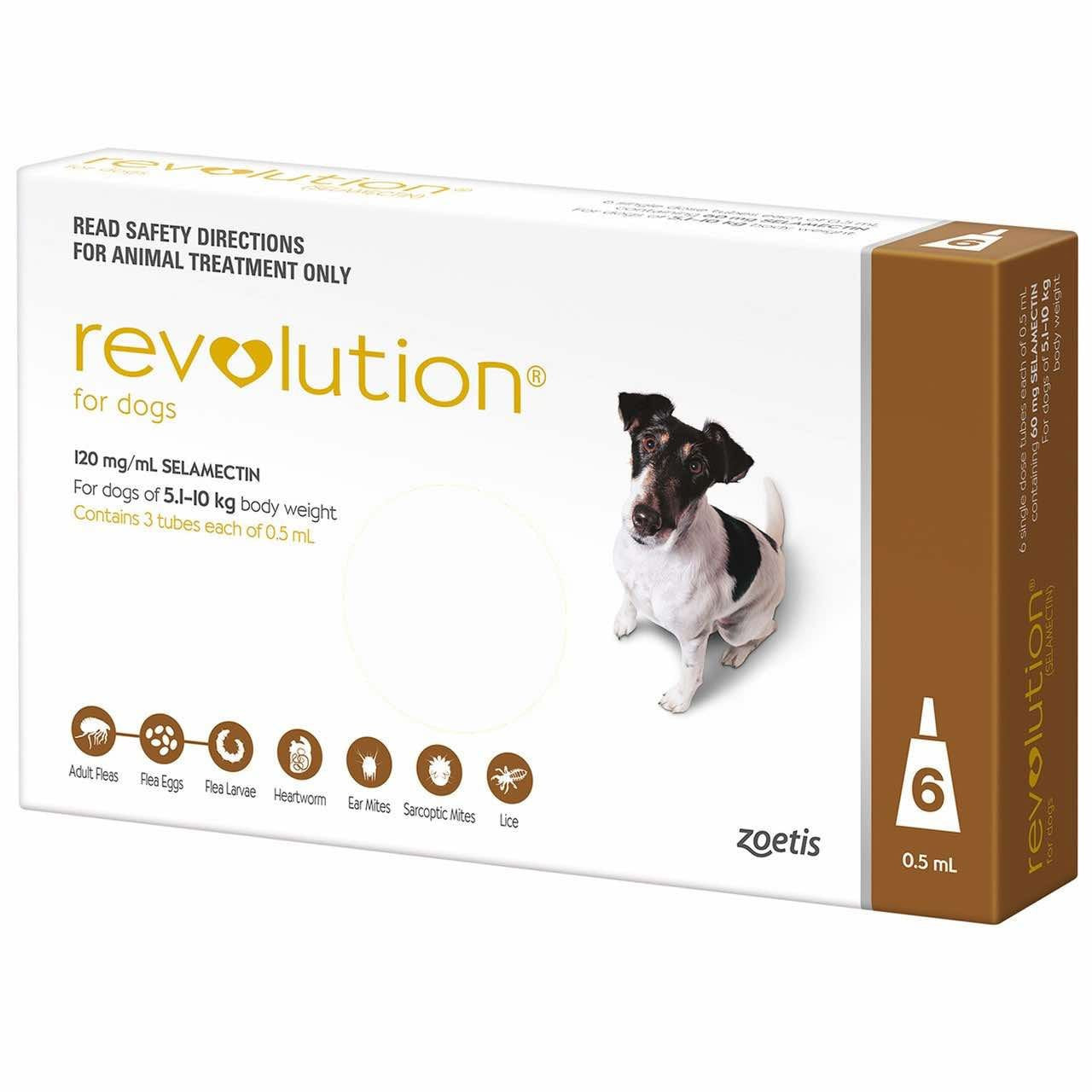 Revolution for Dogs 5.1-10 kg - Brown, 3 tubes for flea, tick, and parasite control.