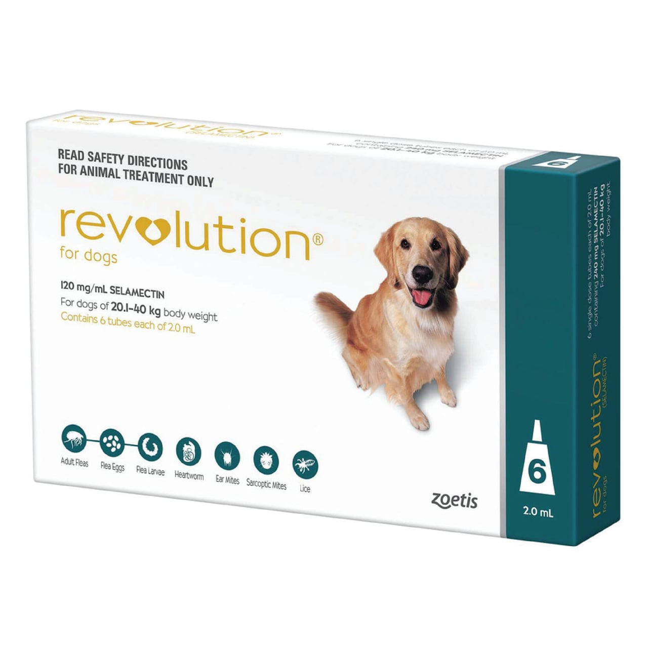 Revolution for Dogs 20.1-40kg - Teal, 6 tubes for flea and tick treatment, 120 mg/mL Selamectin, Zoetis.