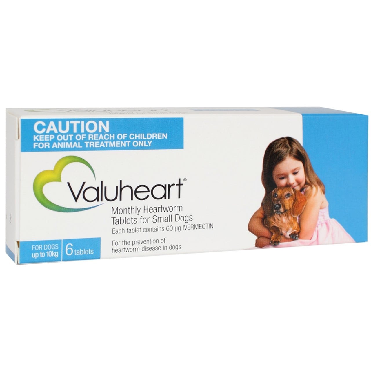 Valuheart Monthly Heartworm Tablets for small dogs up to 10 kg, blue box with 6 tablets, pet health product.
