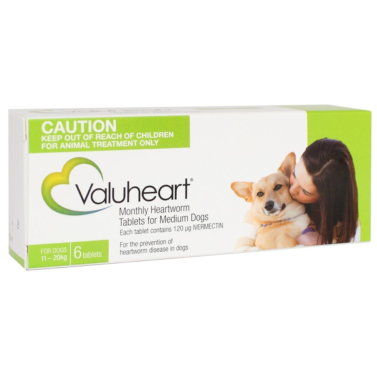 Valuheart Monthly Heartworm Tablets for Medium Dogs 11-20 kg, green box, 6 tablets for heartworm prevention.