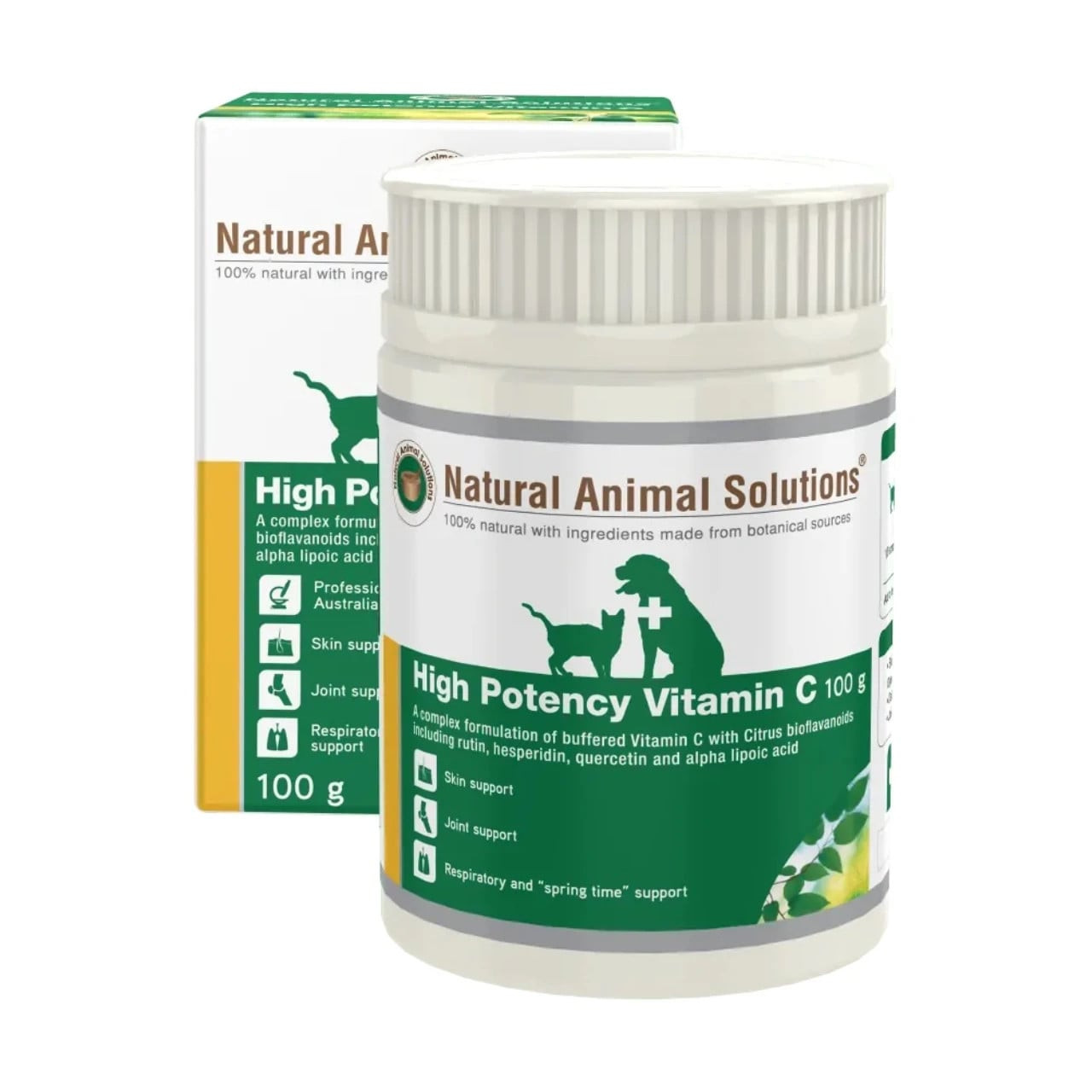 Natural Animal Solutions High Potency Vitamin C 100g for skin and respiratory support, made from botanical sources.