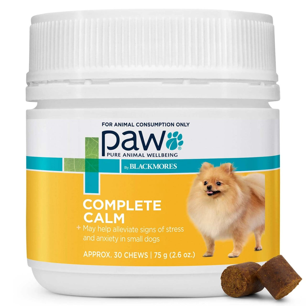 PAW by Blackmores Complete Calm Chews for Small Dogs - 75g, helps reduce stress and anxiety in pets.