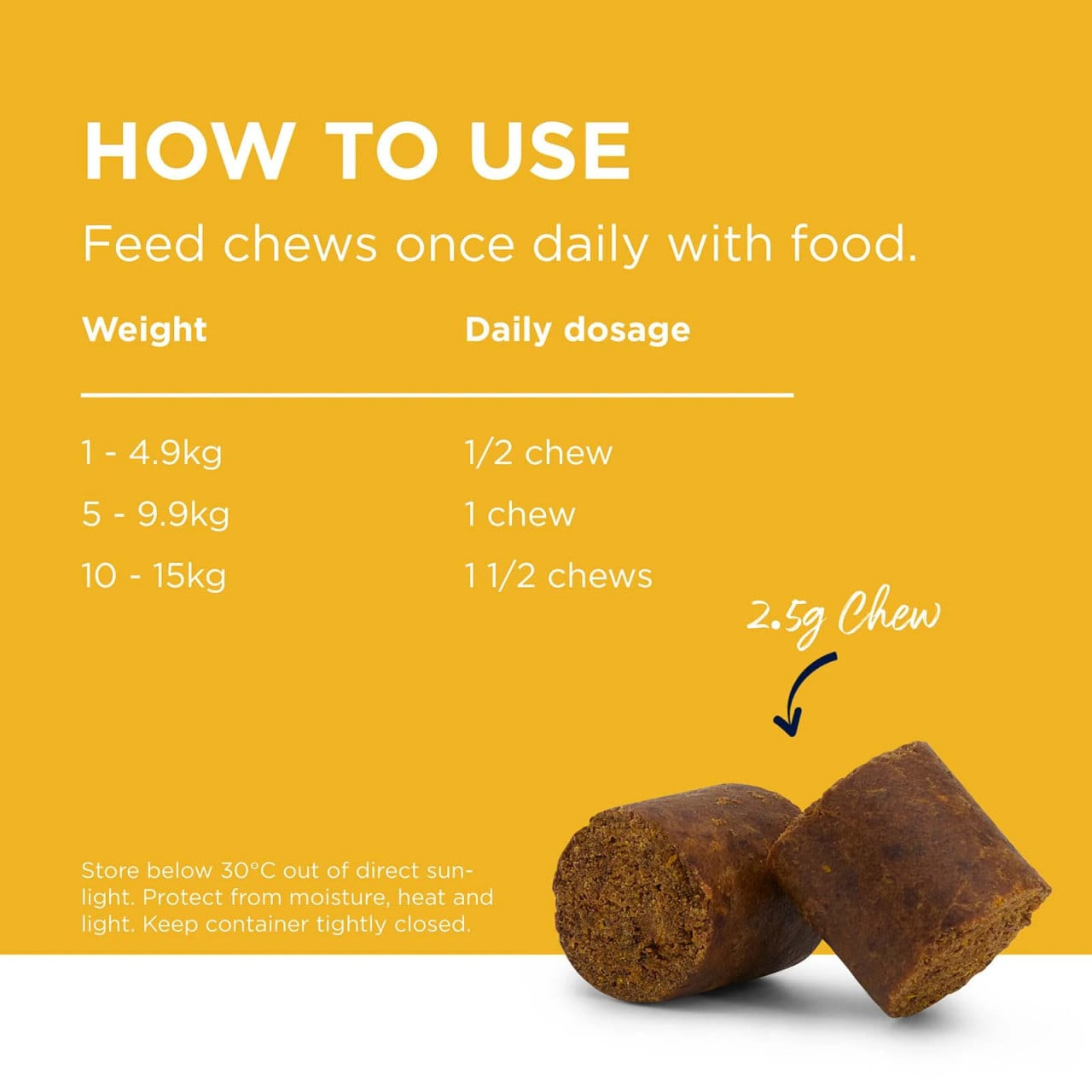 PAW by Blackmores Complete Calm Chews for Small Dogs - 75g, daily dosage instructions and storage guidelines.