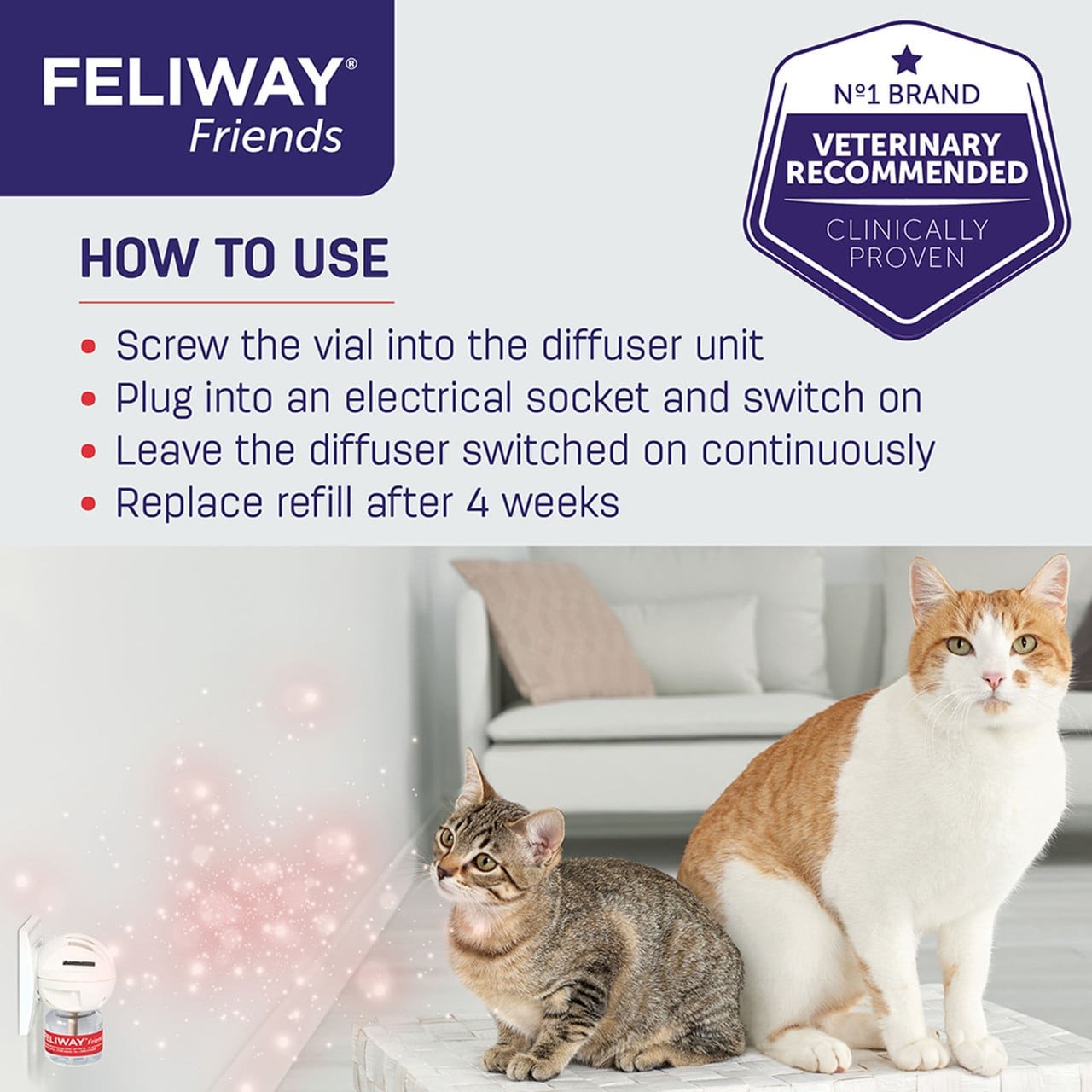 Feliway Friends Diffuser Refill 48mL for calming cats, veterinary recommended, lasts 4 weeks.