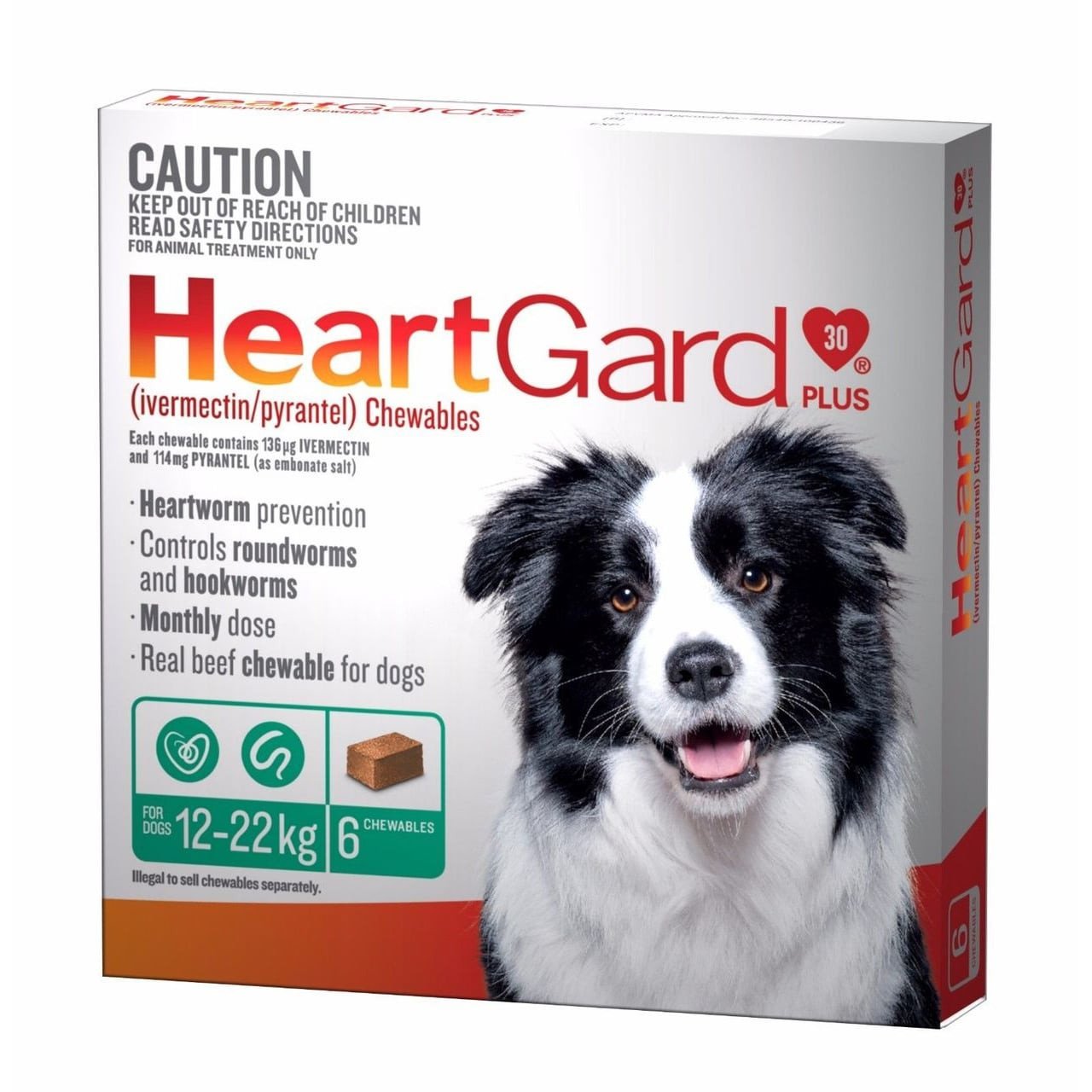 Heartgard Chewables Plus Green 6 pack for dogs: prevents heartworm, controls roundworms and hookworms. 30mg ivermectin.
