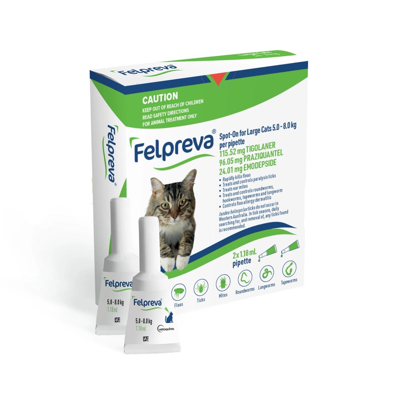 Felpreva Spot-On for Large Cats 5-8kg, 2-pack. Effective flea and tick treatment for large cats.