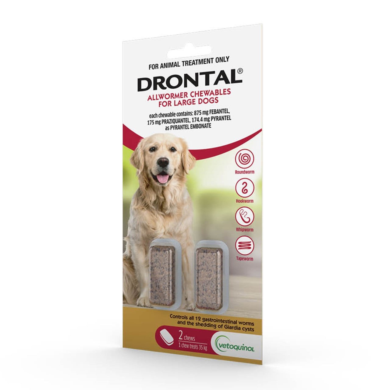 Drontal Allwormer Chews for Dogs up to 35 kg - 2 Pack, effective for 8 types of worms and Giardia.