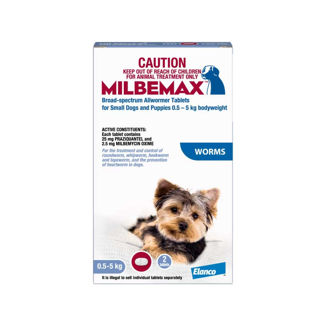 Milbemax Allwormer for small dogs (0.5-5kg) - 2 tablets for effective worm treatment.
