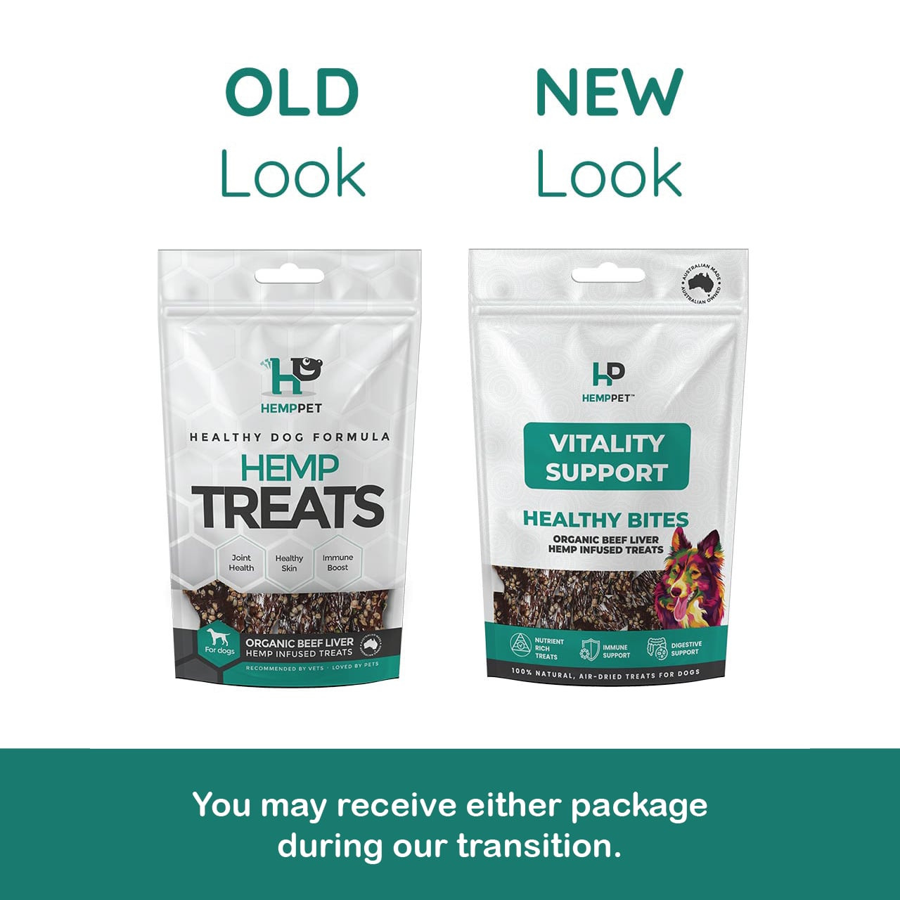 HempPet Vitality Support hemp-infused beef liver treats for dogs, 80g packaging transition.