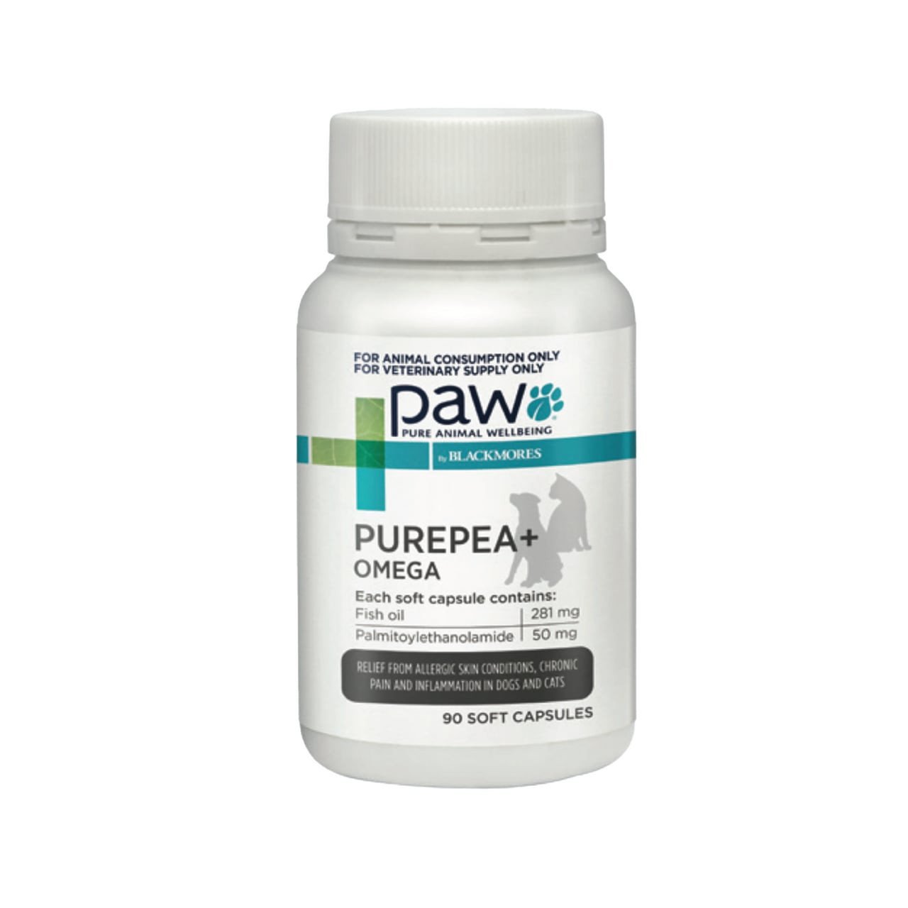 PAW By Blackmores PurePEA+ Omega for Dogs & Cats, 90 capsules for joint health and allergy relief.