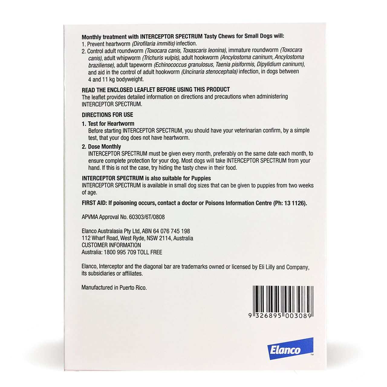 Interceptor Chews for Small Dogs 4-11 kg - 6 pack, effective monthly treatment for heartworm prevention.