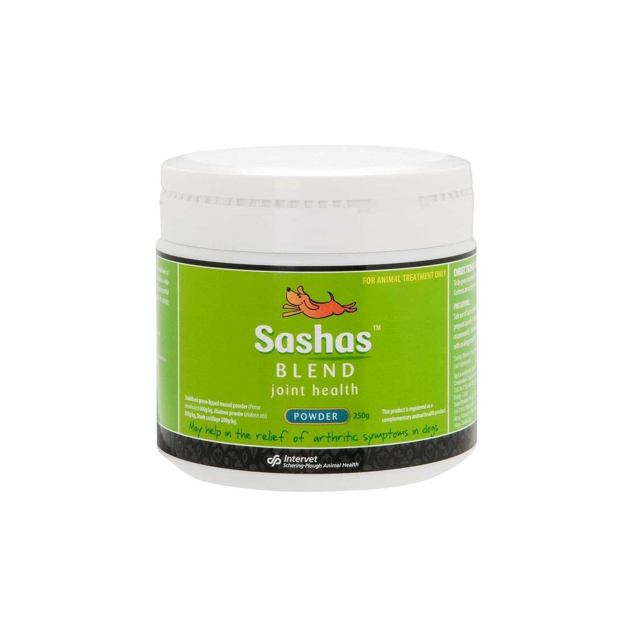 Sashas Blend Powder 250g for joint health in dogs, supports relief from arthritis symptoms.