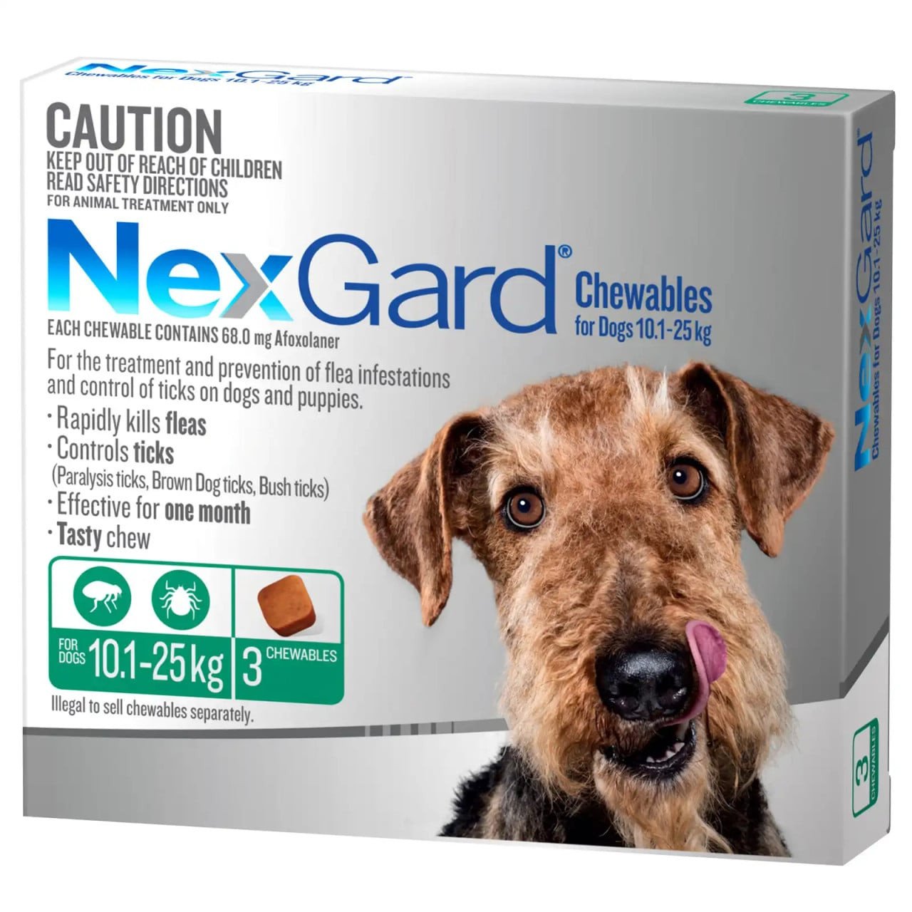 NexGard Chewables for Dogs 10.1-25kg - Green box, kills fleas, effective for one month, three tasty treats.