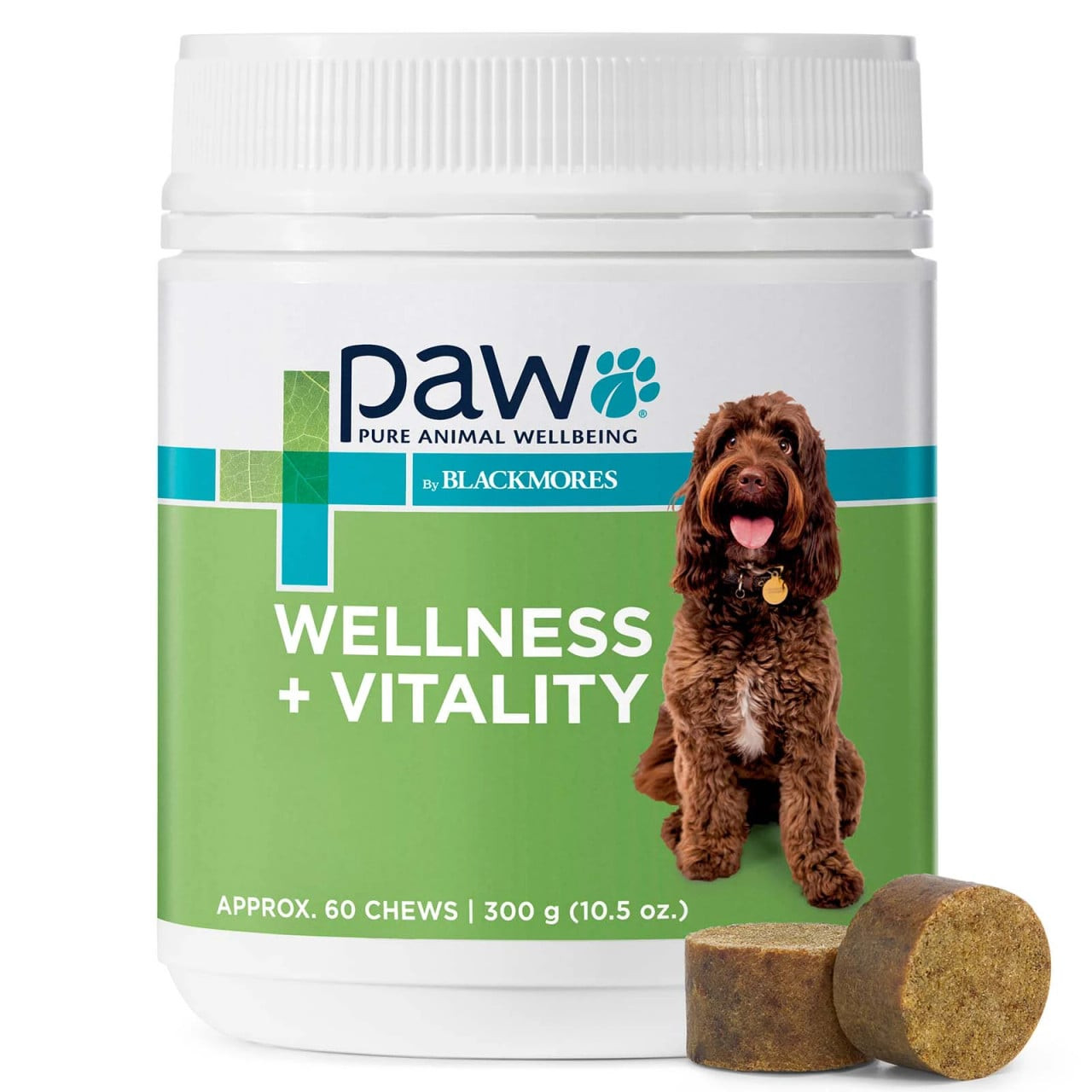 PAW by Blackmores Wellness and Vitality Chews - 300g for pet health and wellbeing, featuring a cheerful dog.