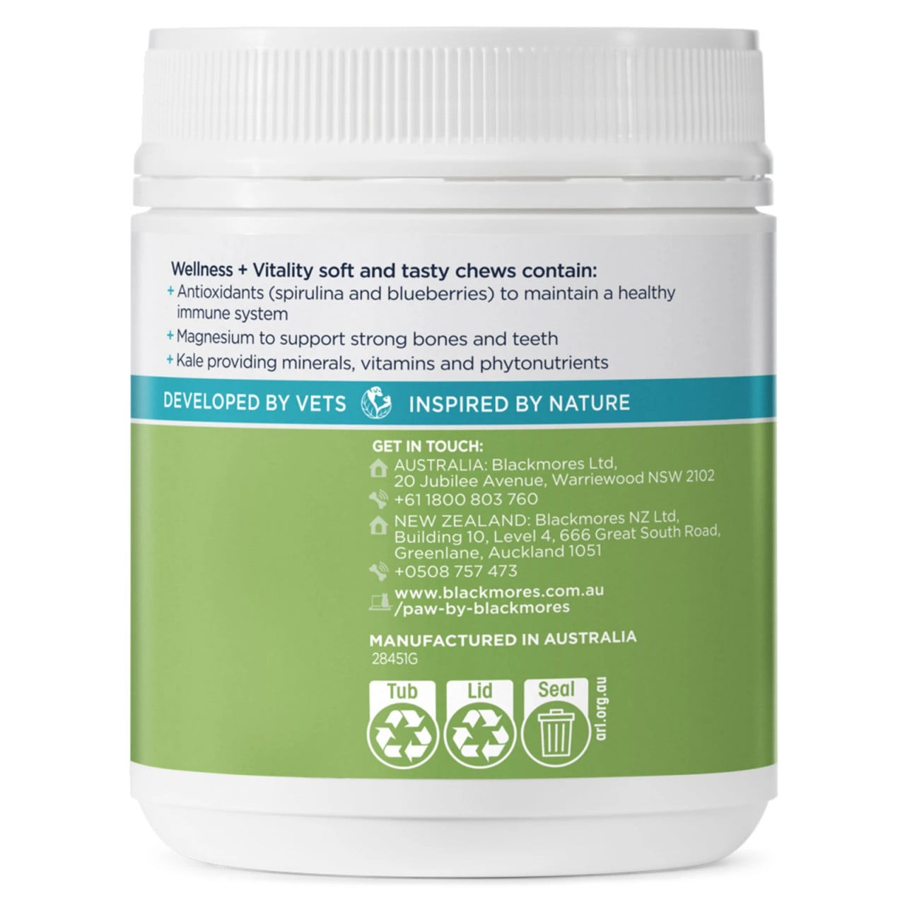 PAW by Blackmores Wellness and Vitality Chews - 300g for pet health, soft chews with antioxidants and minerals.