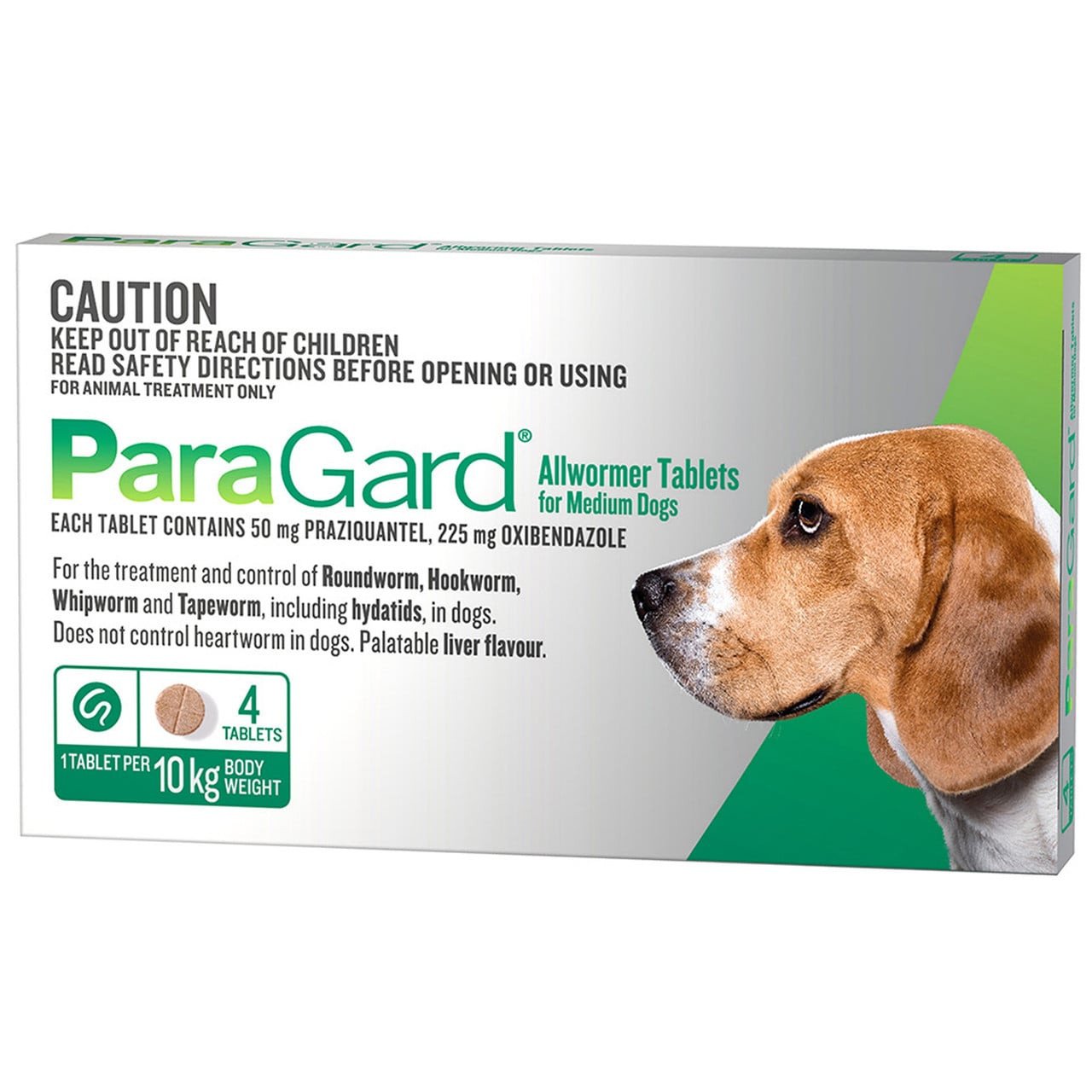 ParaGard Allwormer for Dogs, 10kg, pack of 4 tablets, effective treatment for intestinal worms in dogs.