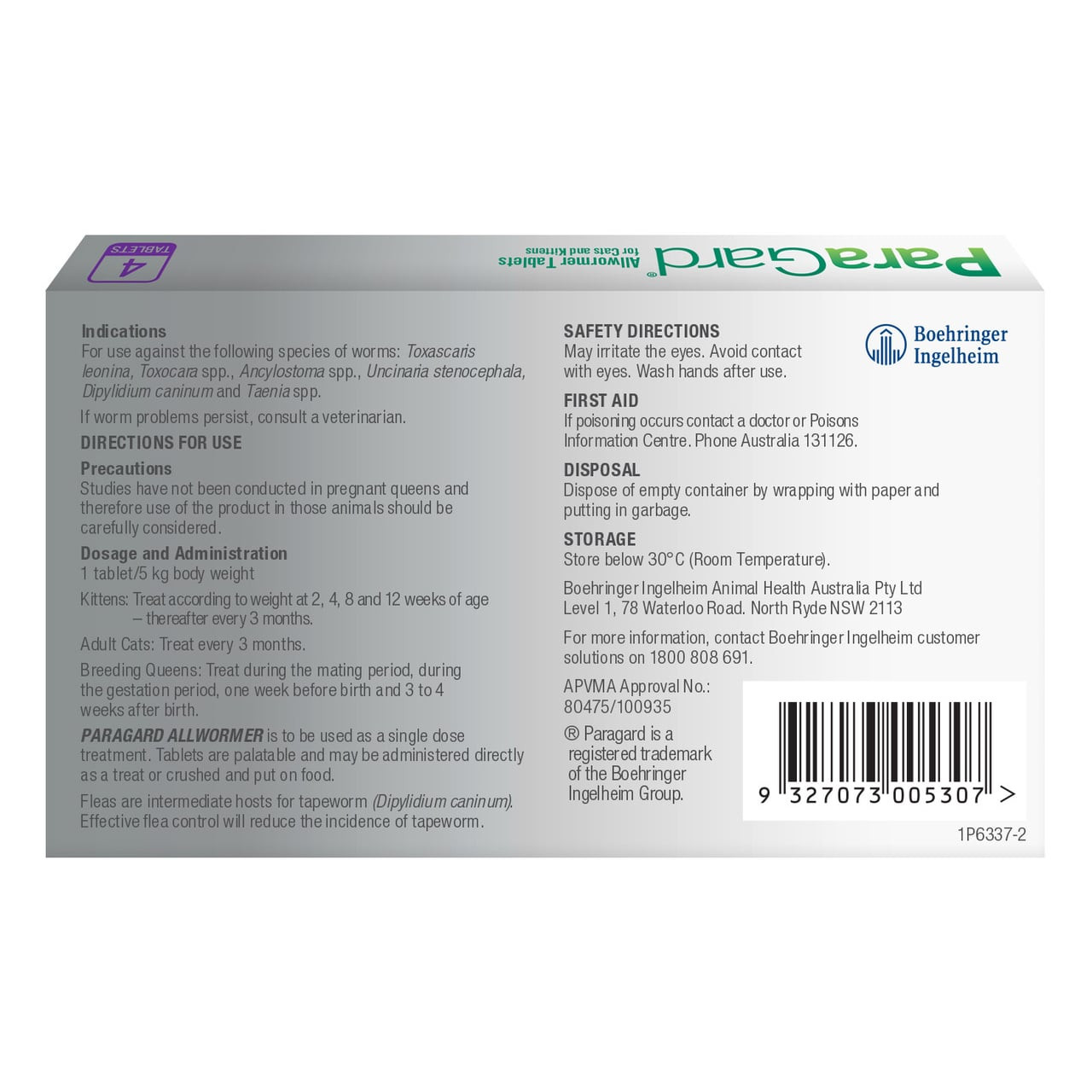 Paragard Allwormer For Cats & Kittens 5kg 4 tablets