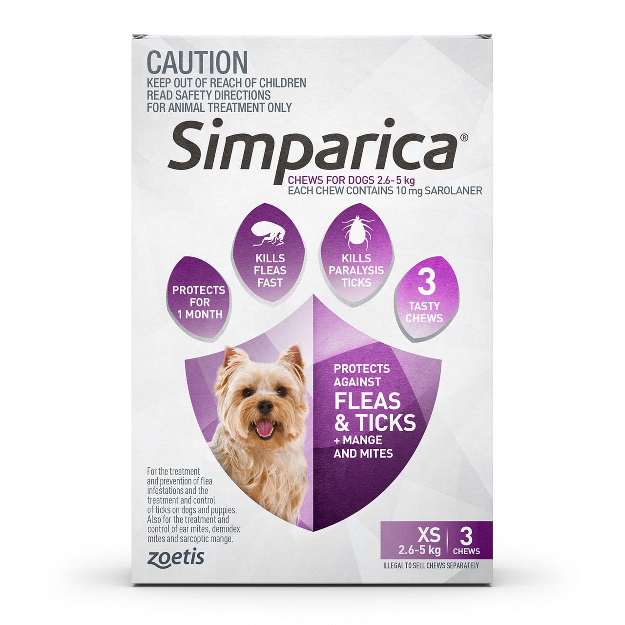 Simparica Chews for small dogs (2.6-5kg) - 3 chews, protects against fleas, ticks, and mites.
