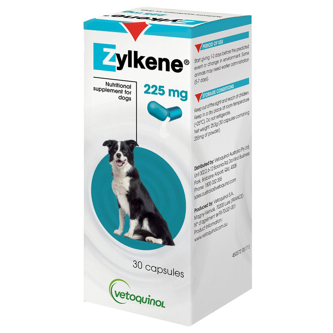 Zylkene 225mg nutritional supplement for dogs, 30 capsules for calming and stress relief.