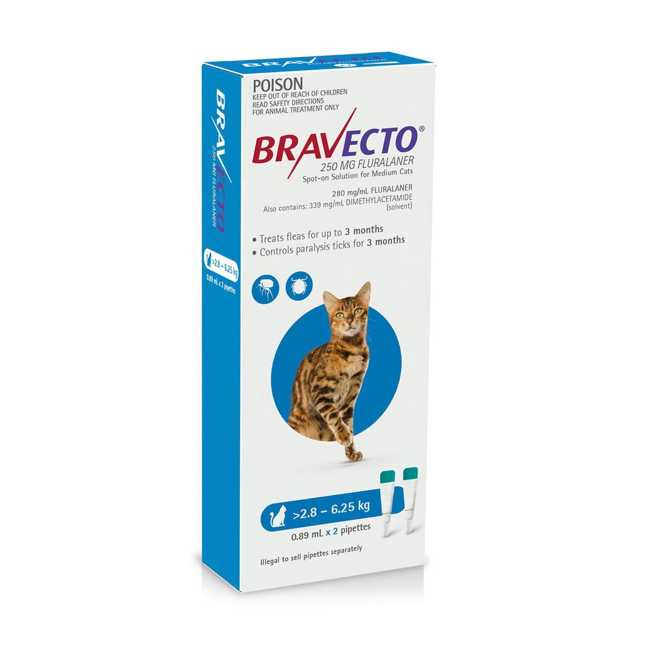 Bravecto Spot On For Cats Blue 2.8-6.25kg - 2 Dose Pack - Image 1 of 5